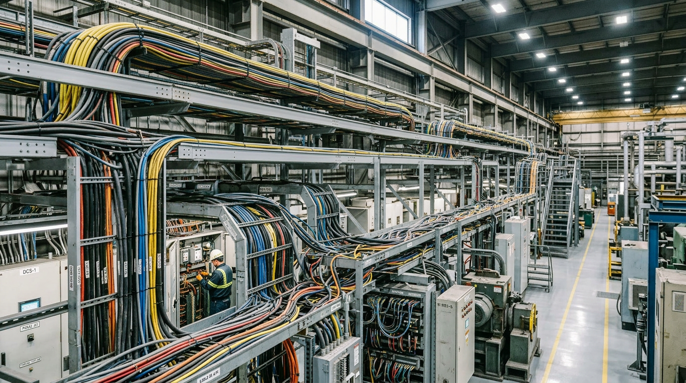 Technician working on electrical control panels with organized cables in industrial facility