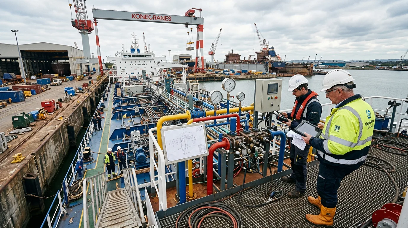 Two workers wearing helmets and safety gear inspect ship equipment with gauges and control panels at a dockyard.